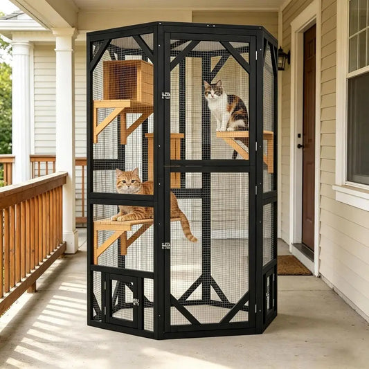 Large Outdoor Cat Catio, Tall Wooden Enclosure with Open-Top, Multi-Level Playpen, Perches & Private Condo, Multiple Access, Ind