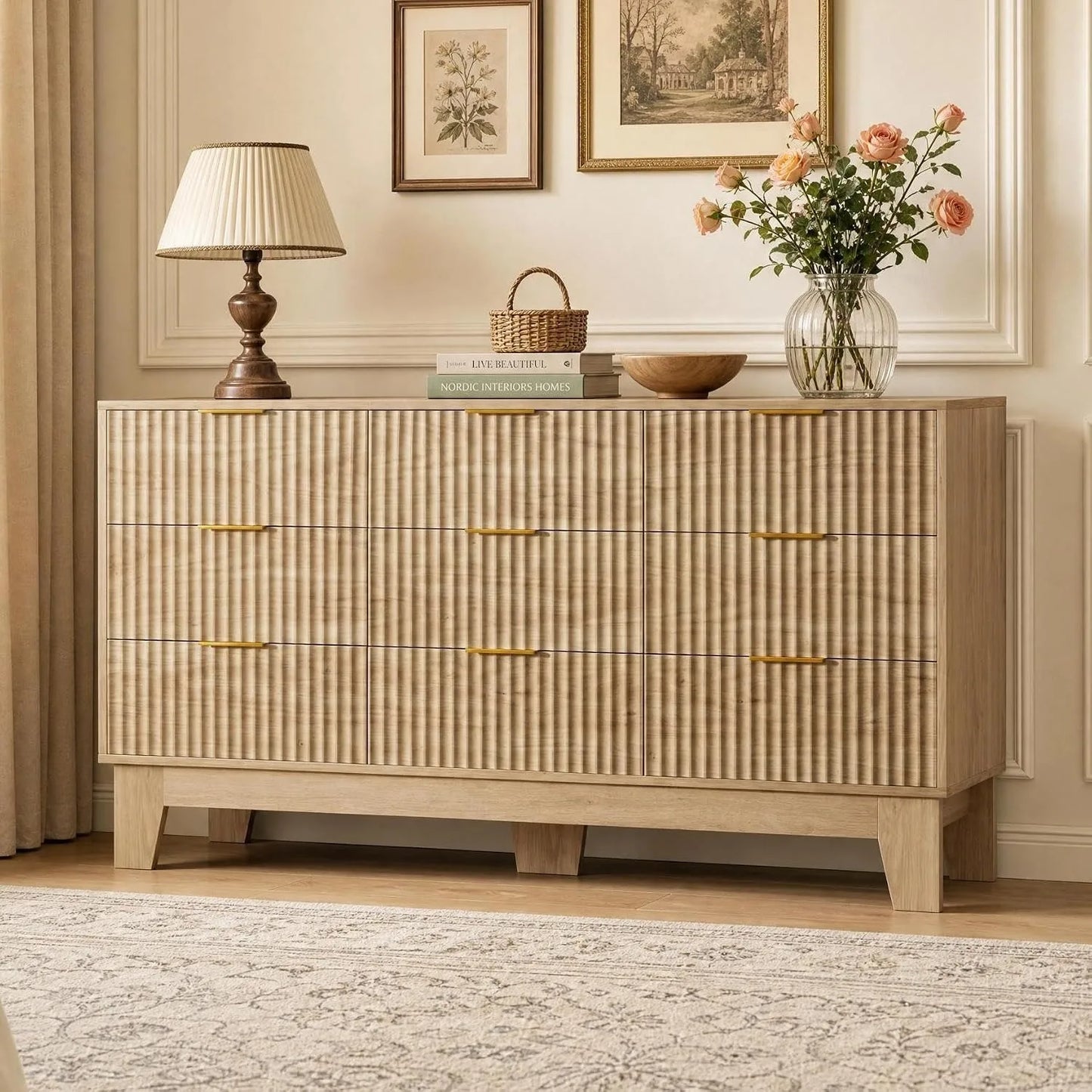 59 Inch Wide Fluted 9 Drawer Dresser Modern Wood Chest of Drawers with Metal Handles TV Stand Storage Cabinet Organizer for Bedroom Living Room Hallway Entryway