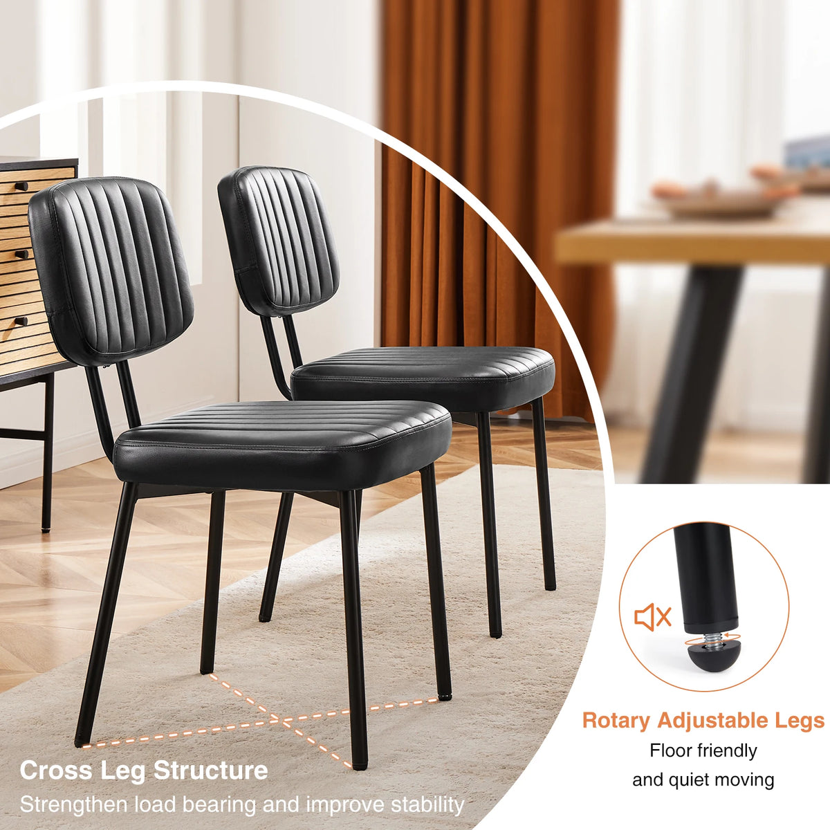 JHK Faux Leather Dining Chairs Pair Lumbar Support Metal Legs