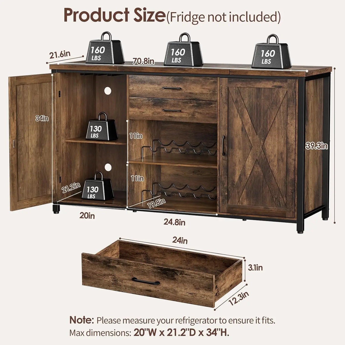 Large Coffee Bar Cabinet with 2 Fridge Space, 70.8" L Farmhouse Wine Cabinet, Wood Buffet Sideboard Table Station,, Customized