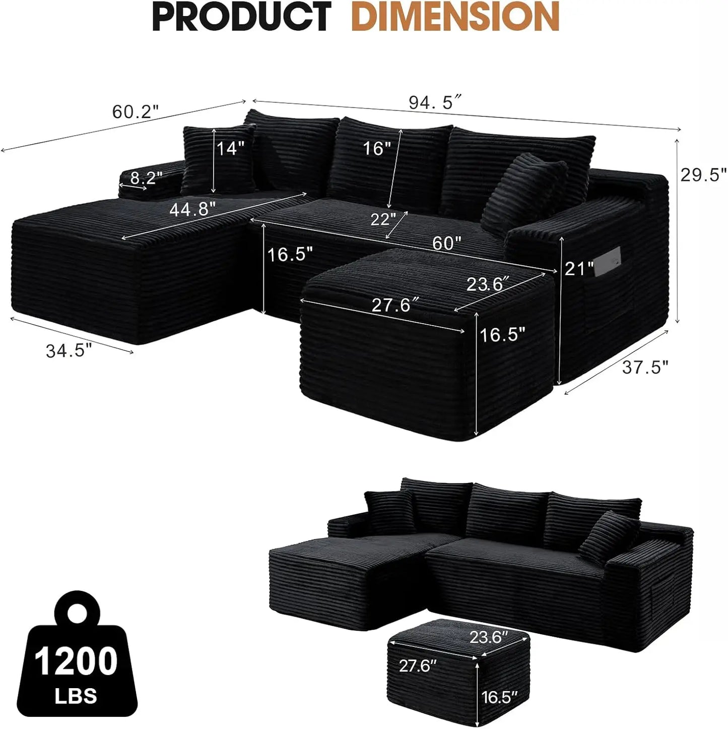94.5" U-Shaped Sectional Sofa with Deep Seat, No Assembly Modular Cloud Couch in Corduroy Fabric with Ottoman, Space-Saving Sleeper for Living Room Bedroom Apartment, Black
