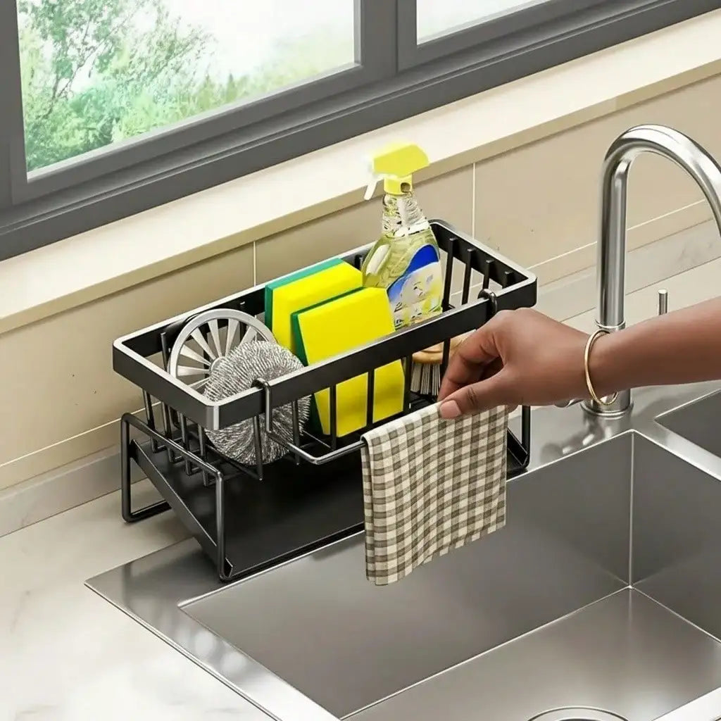 Steel Draining Rack For Sponges/Utensils/Soap, Sloped To Avoid Pooling, With Towel Bar To Prevent Mold. Ideal For Kitchen.