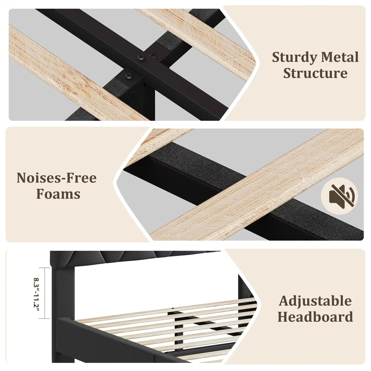 HiMiss Upholstered Platform Bed Frame Adjustable Heavy Duty Headboard