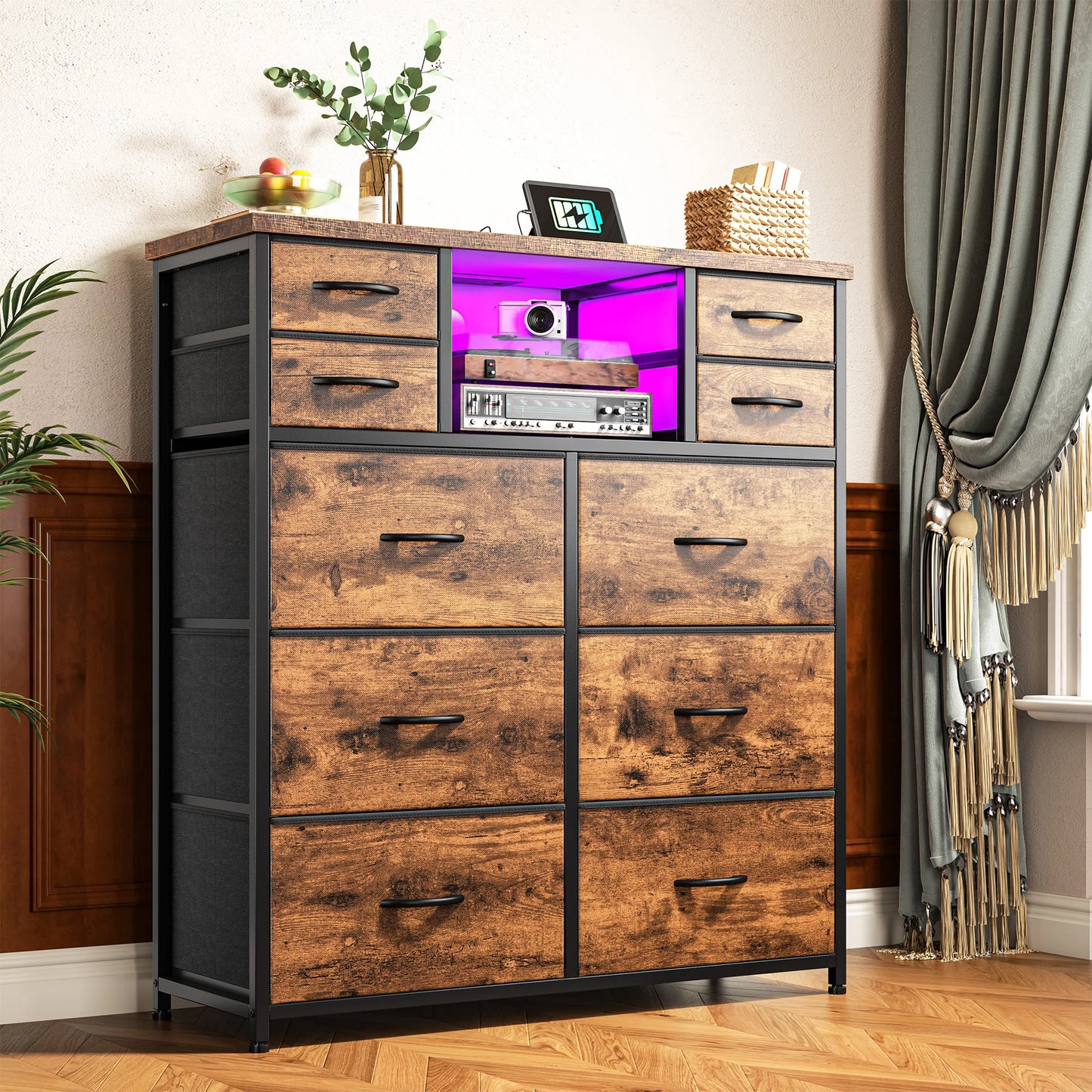Ten Drawer Fabric Storage Chest With LED Charging Station