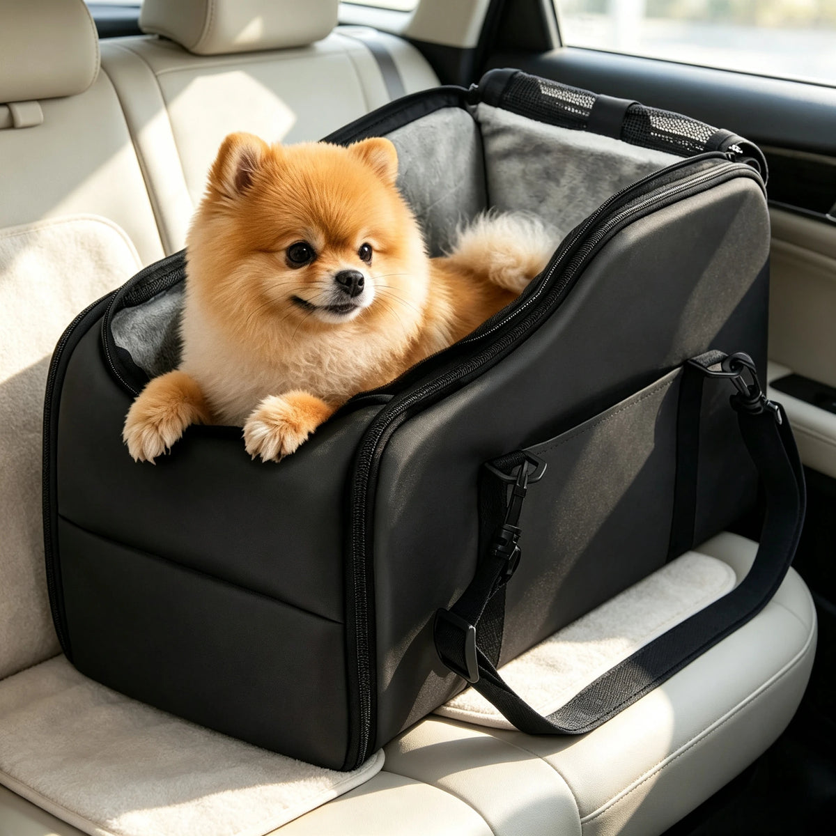 Center Console Pet Car Seat Carrier For Small Dogs & Cats Removable Washable Soft Plush Liner Portable Travel Booster Bed Stable Safety Pet Car Carrier For Road Trips