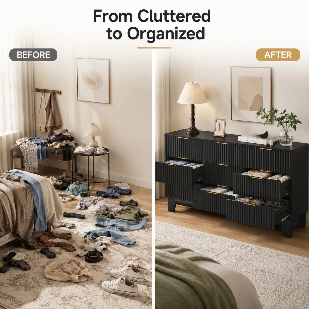 59 Inch Wide Fluted 9 Drawer Dresser Modern Wood Chest of Drawers with Metal Handles TV Stand Storage Cabinet Organizer for Bedroom Living Room Hallway Entryway