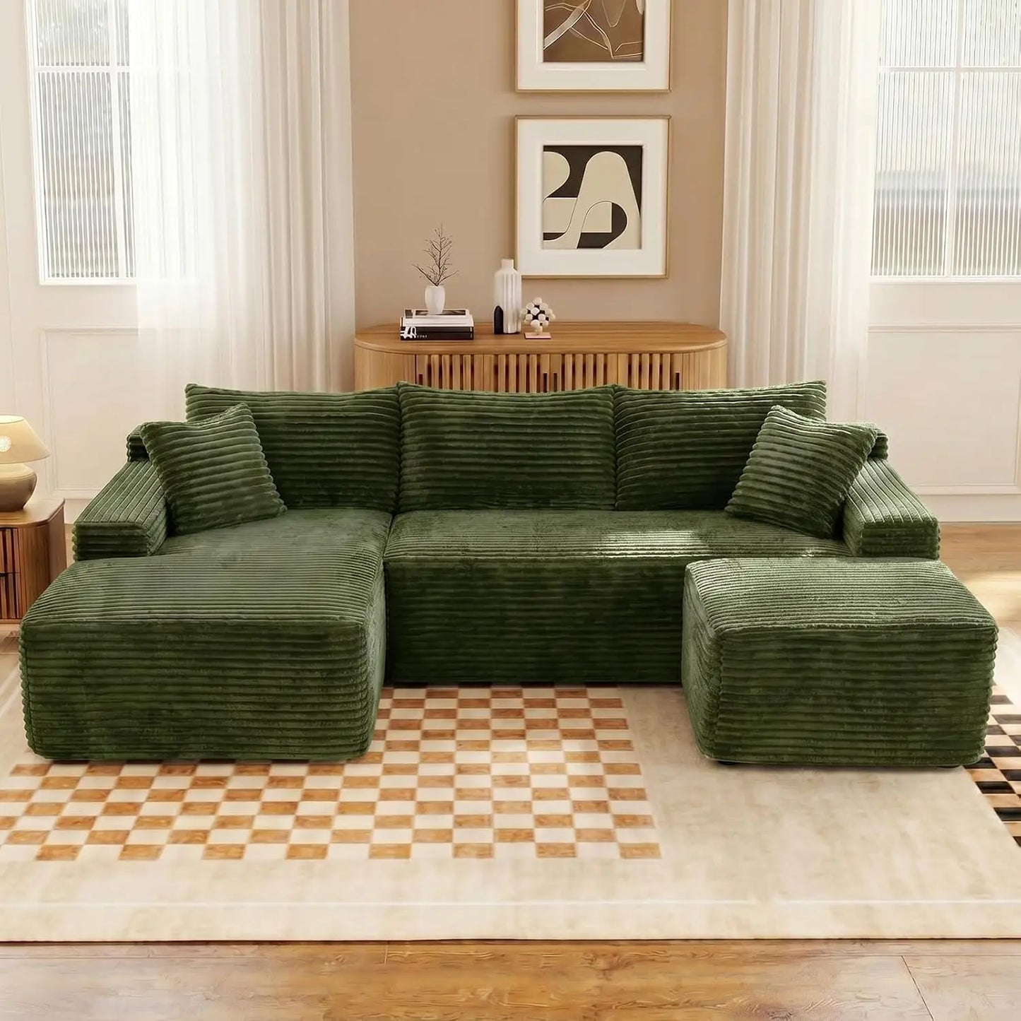 94.5" U-Shaped Sectional Sofa with Deep Seat, No Assembly Modular Cloud Couch in Corduroy Fabric with Ottoman, Space-Saving Sleeper for Living Room Bedroom Apartment, Black