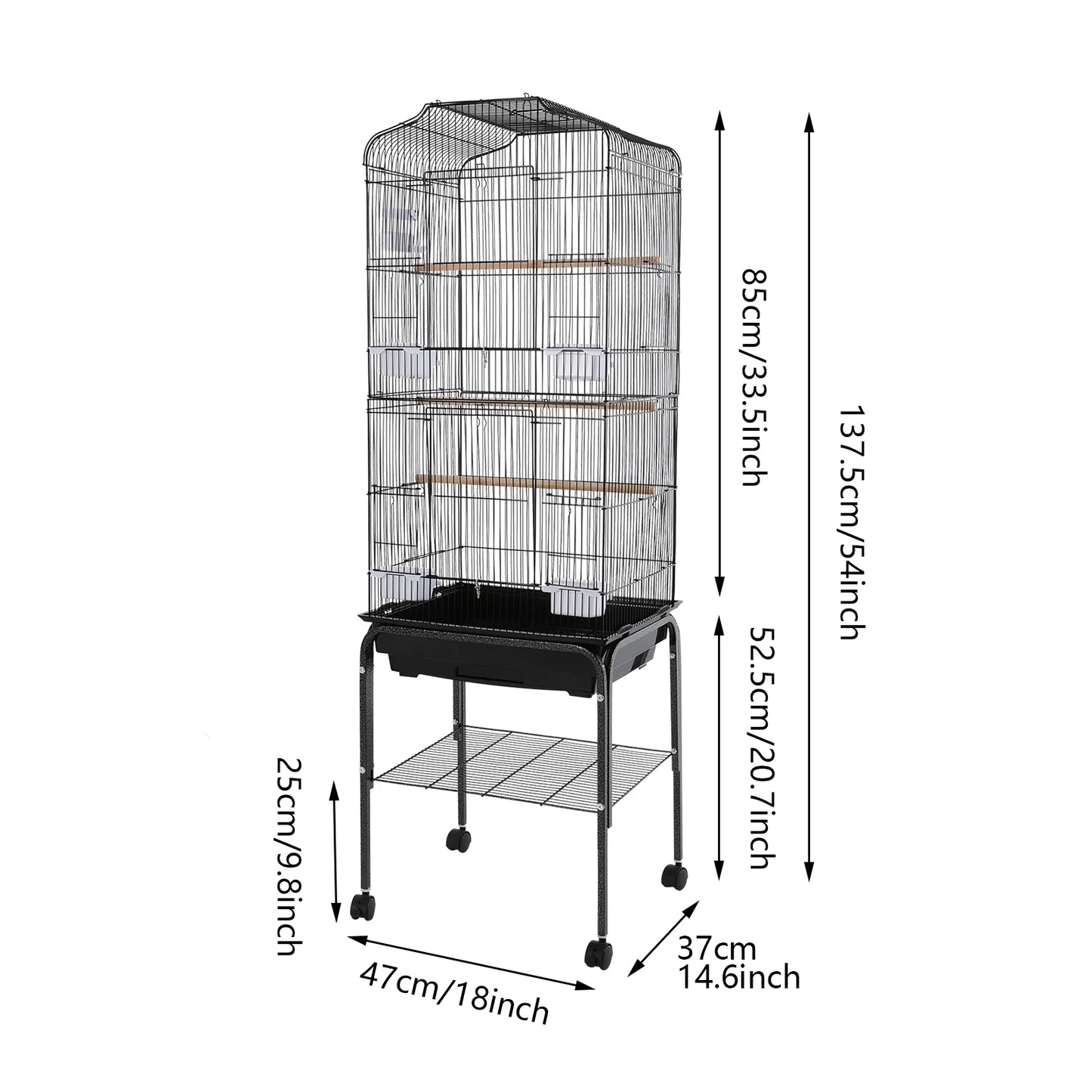 Large Bird Cage with Stand & Wheels, 47x37x137cm Flight Cage for Cockatiels Parrots Finches with Lockable Door (White/Black))