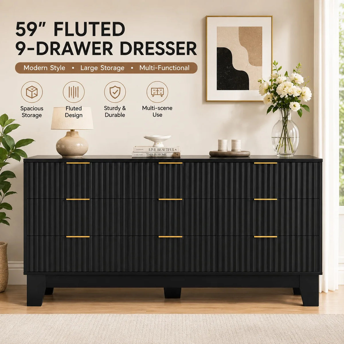 59 Inch Wide Fluted 9 Drawer Dresser Modern Wood Chest of Drawers with Metal Handles TV Stand Storage Cabinet Organizer for Bedroom Living Room Hallway Entryway