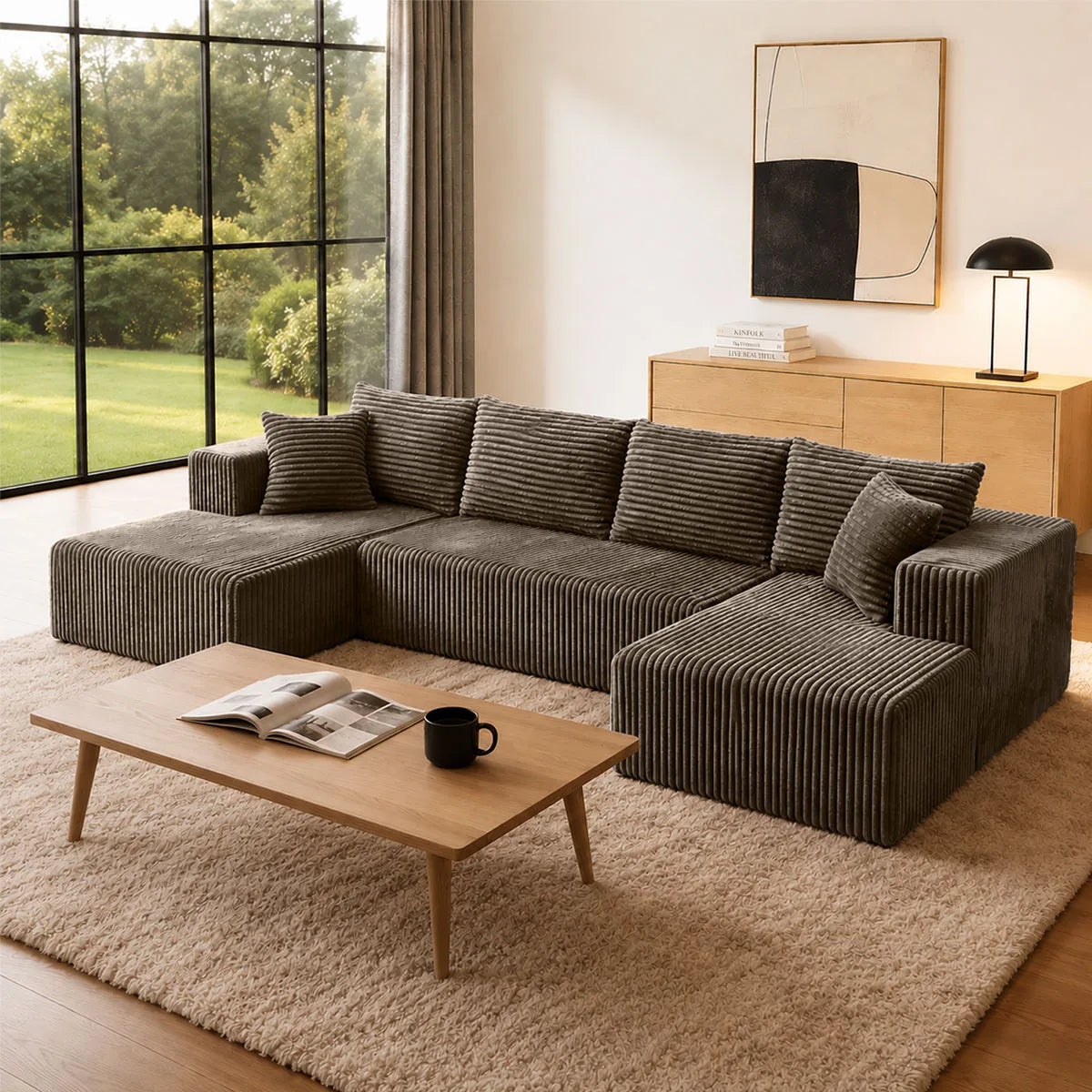 132in Modular U-Shaped Sectional Sofa with Double Chaise Lounges, 8-Piece Corduroy Oversized Pit Couch, Seats 6 People, Large U Style Floor Sofa for Living Room Family Gathering