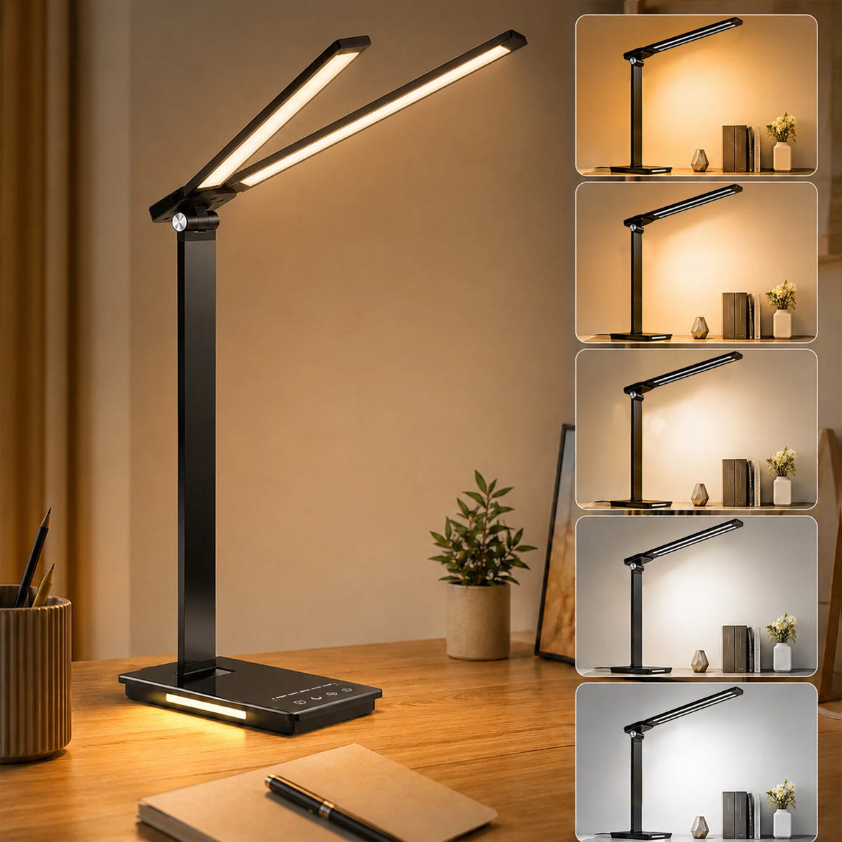 Double Head LED Desk Lamp 13W USB Power 88 LEDs Foldable Reading Light 5 Color Modes Dimmable 3000K-6000K Portable Table Lamp Adjustable Eye-Caring for Home Office Study Bedroom Dorm Living Room