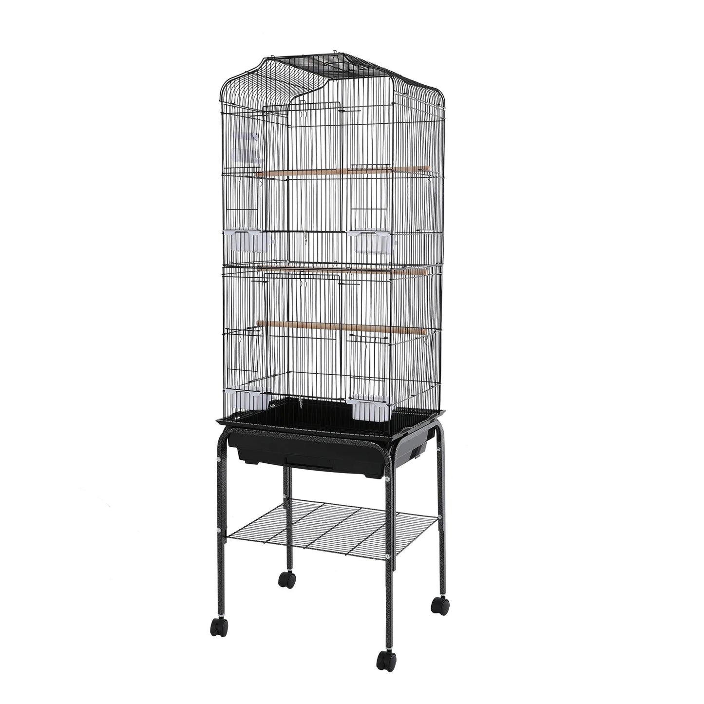 Large Bird Cage with Stand & Wheels, 47x37x137cm Flight Cage for Cockatiels Parrots Finches with Lockable Door (White/Black))