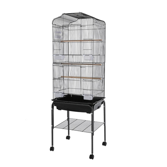 Large Bird Cage with Stand & Wheels, 47x37x137cm Flight Cage for Cockatiels Parrots Finches with Lockable Door (White/Black))