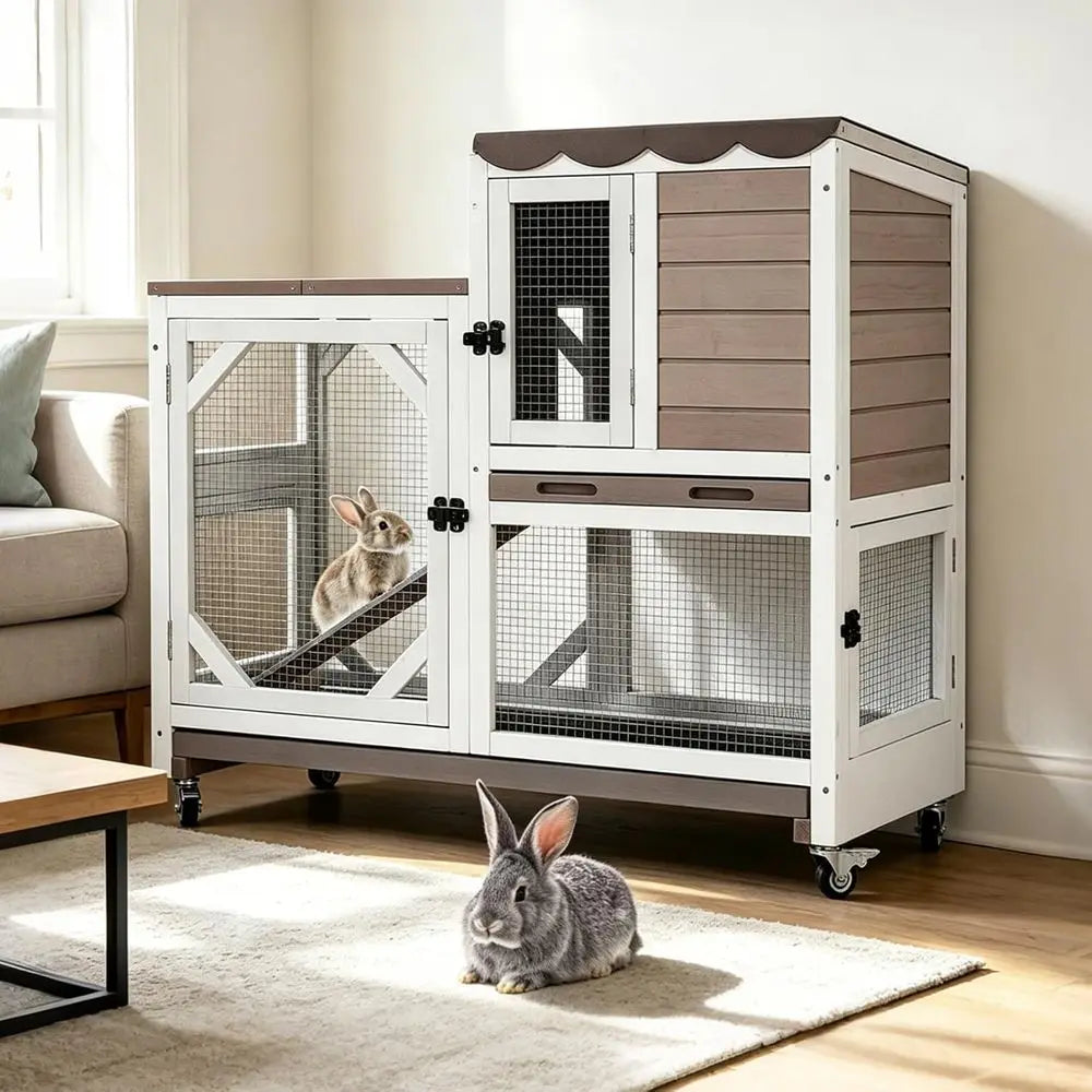 Large Rabbit Hutch Indoor Outdoor, 2-Tier Bunny Hutch with Wheels and Waterproo Roo, Wooden Guinea Pig Cage with Leak-Proo Pull-