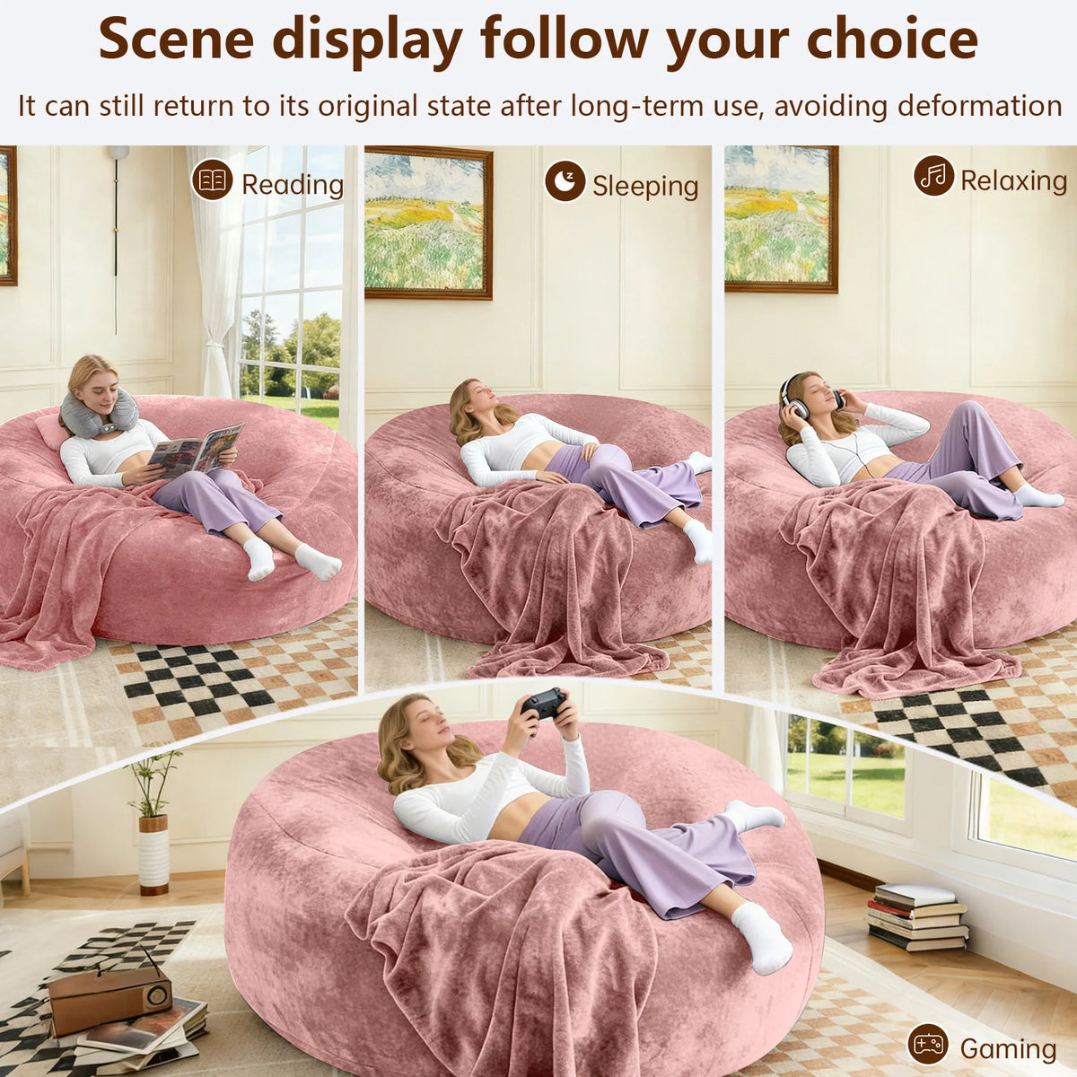 120CM×120CM×60CM, adult beanbag chair with padded beanbag inside, memory foam chair, soft flannel washable cover, ideal reading seat for bedrooms and dorms.