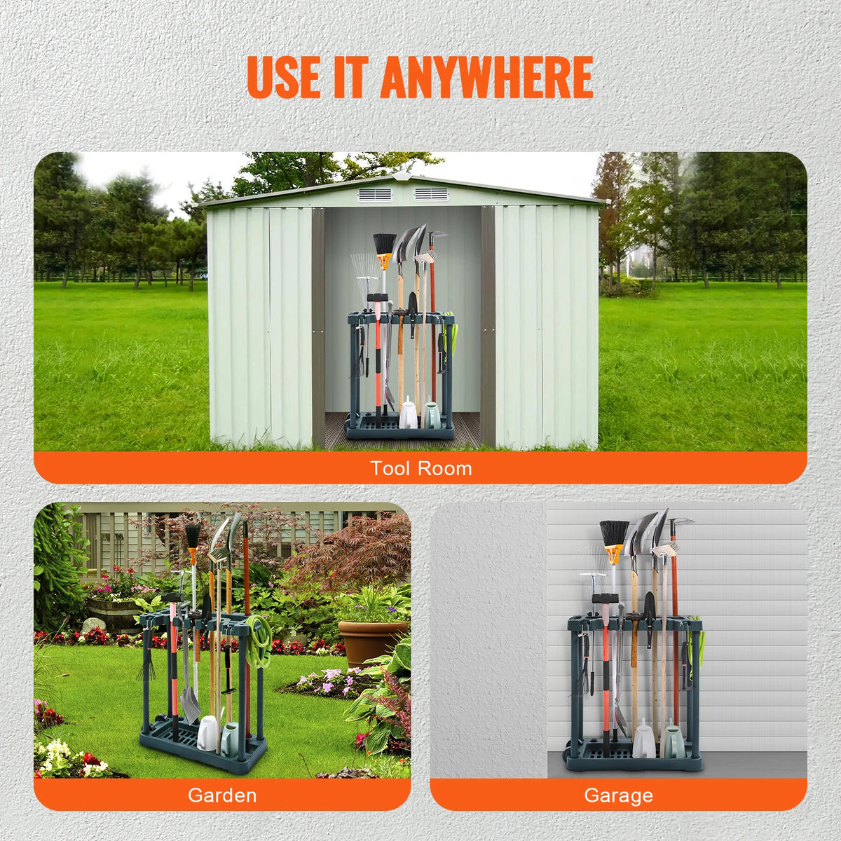 SucceBuy 10 Slots Yard Garden Tool Organizer Long-Handl Tool/Rake/Broom Tower Storage Rack Stand Holder for Garage Organization