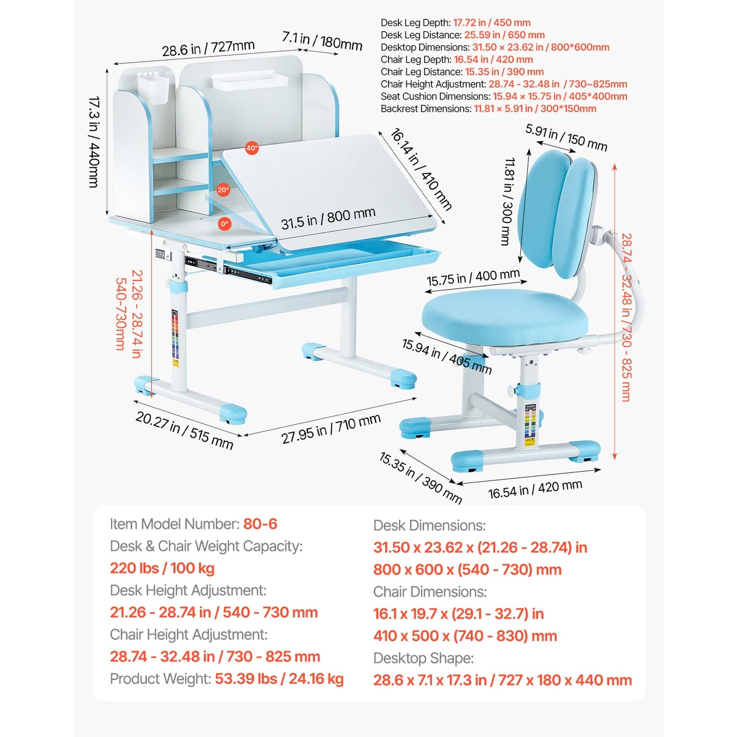 SucceBuy Kids Study Chair and Desk Set Study Desk and Chair for Kids with Table Lamp Adjustable Height  for Bedroom & Study Room