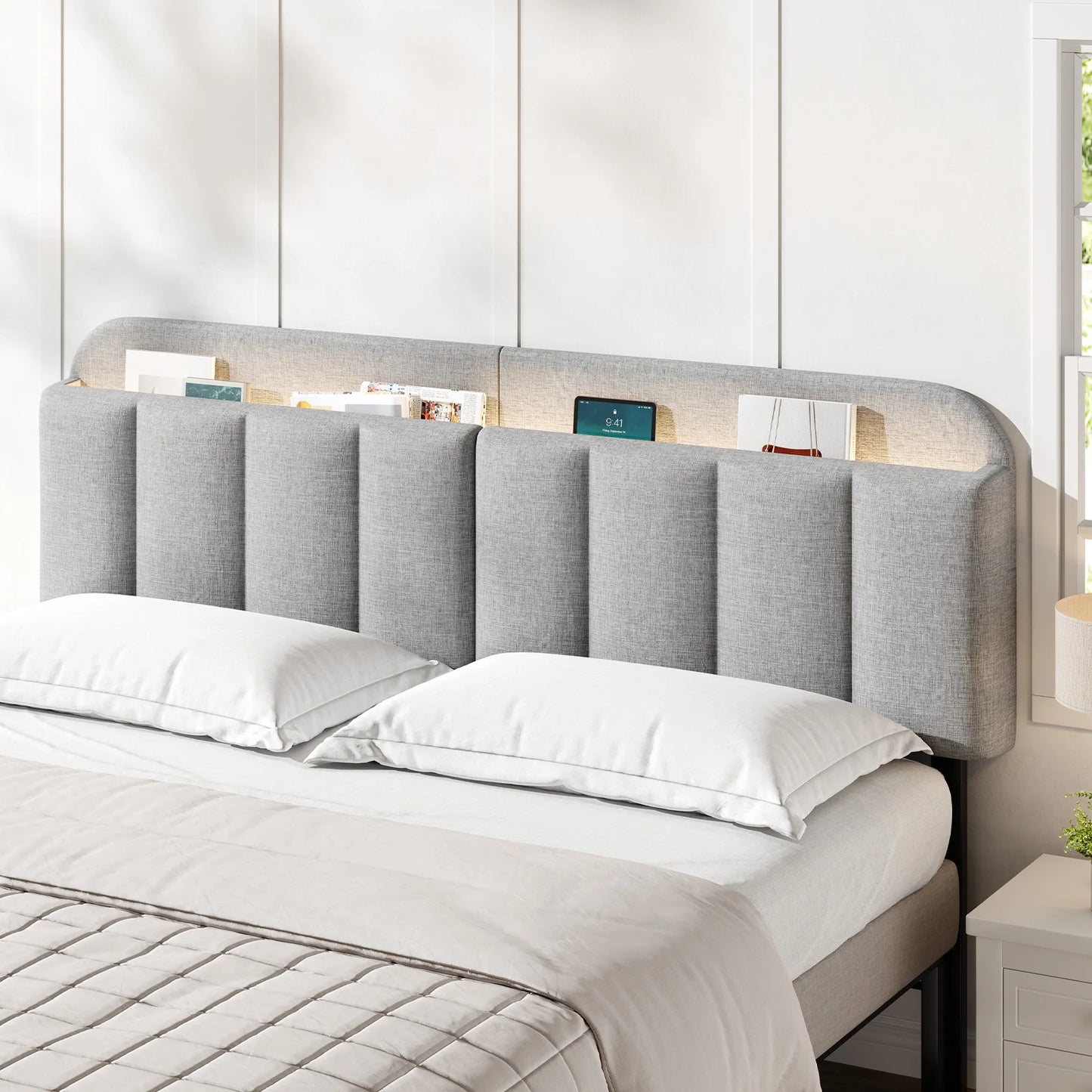 Adjustable Headboard for Full King Size Bed Frame,Linen Fabric Bed Headboard Storage & RGB LED Light in Vertical Channel Design